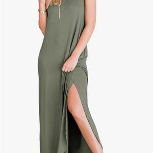 Olive green maxi dress with pockets + slide slits